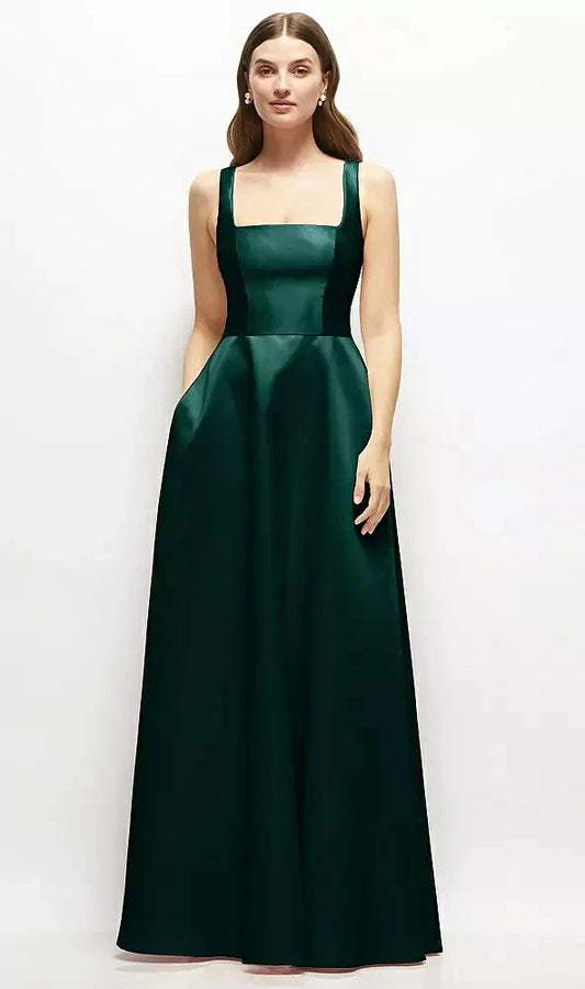 Square-Neck Satin Maxi Dress with Full Skirt in Evergreen