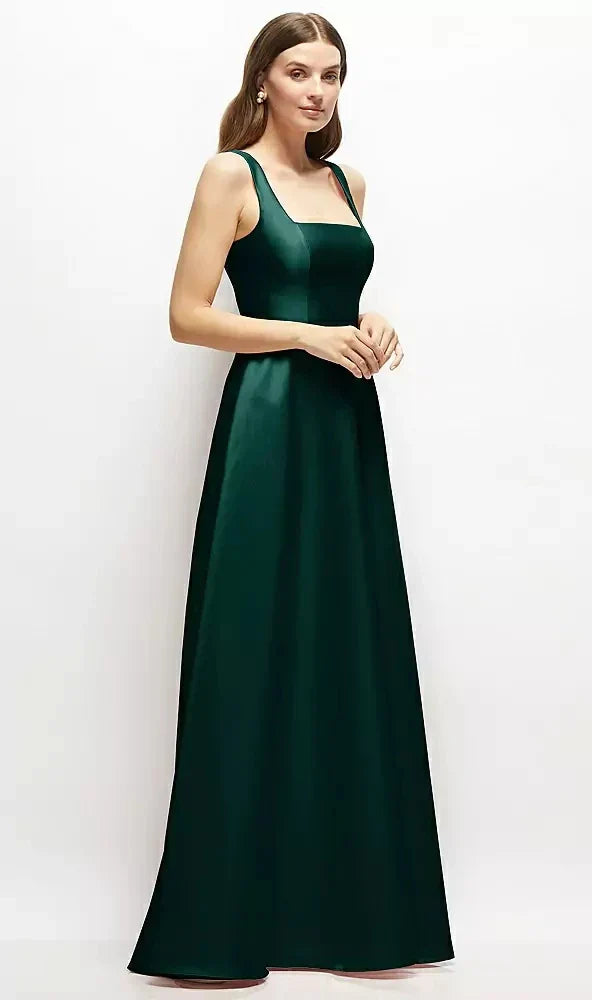 Square-Neck Satin Maxi Dress with Full Skirt in Evergreen