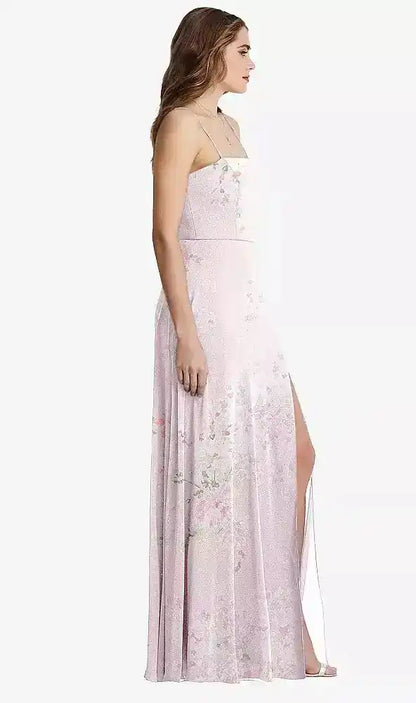 Square Neck Chiffon Maxi Dress with Front Slit - Elliott in Watercolor Print
