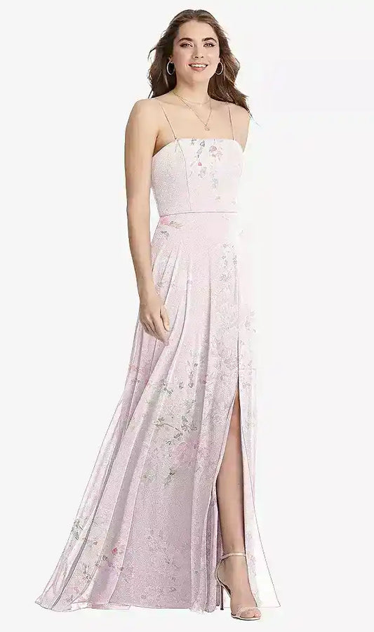 Square Neck Chiffon Maxi Dress with Front Slit - Elliott in Watercolor Print