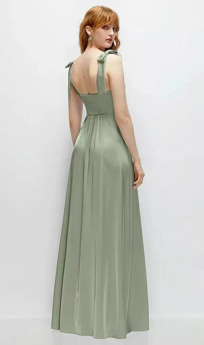 Square Neck Fluid Satin Maxi Dress with Bow Straps in Sage