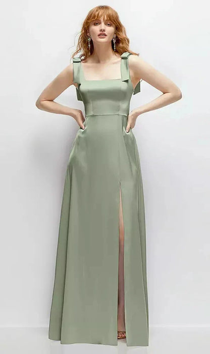 Square Neck Fluid Satin Maxi Dress with Bow Straps in Sage