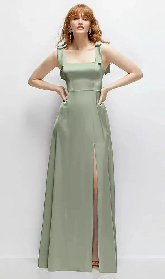Square Neck Fluid Satin Maxi Dress with Bow Straps in Sage
