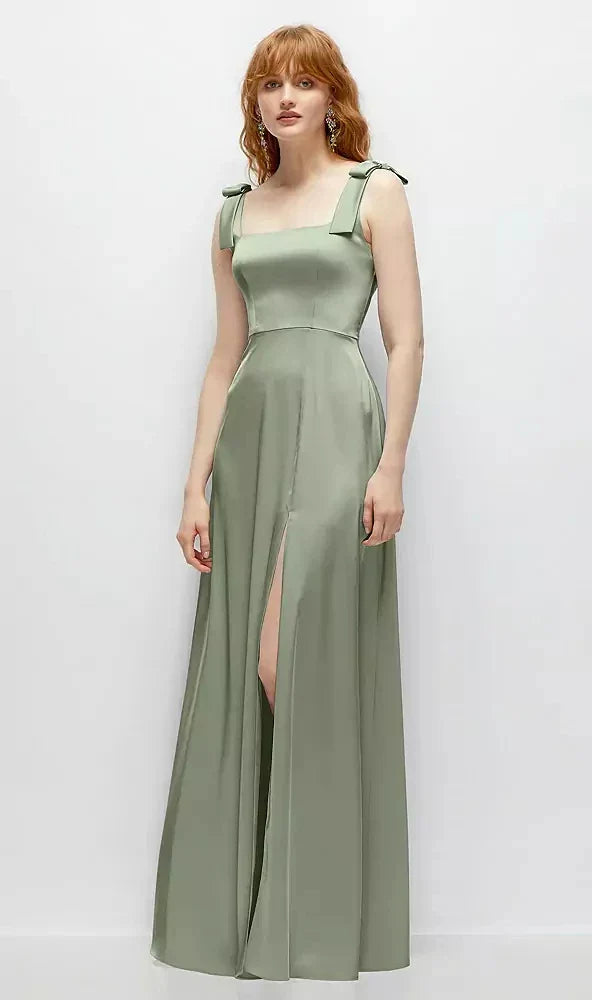 Square Neck Fluid Satin Maxi Dress with Bow Straps in Sage