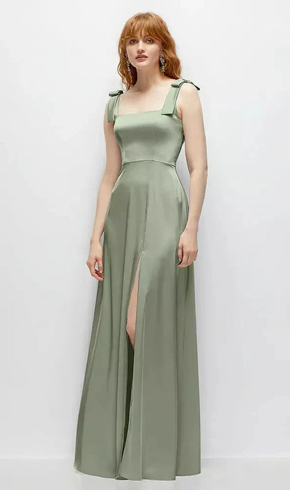 Square Neck Fluid Satin Maxi Dress with Bow Straps in Sage