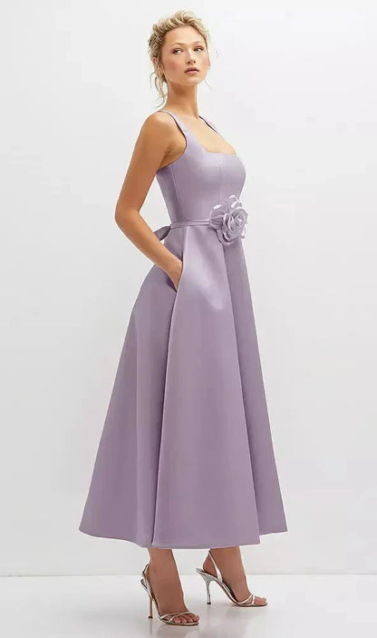 Square Neck Satin Midi Dress with Full Skirt & Flower Sash in Lilac Haze