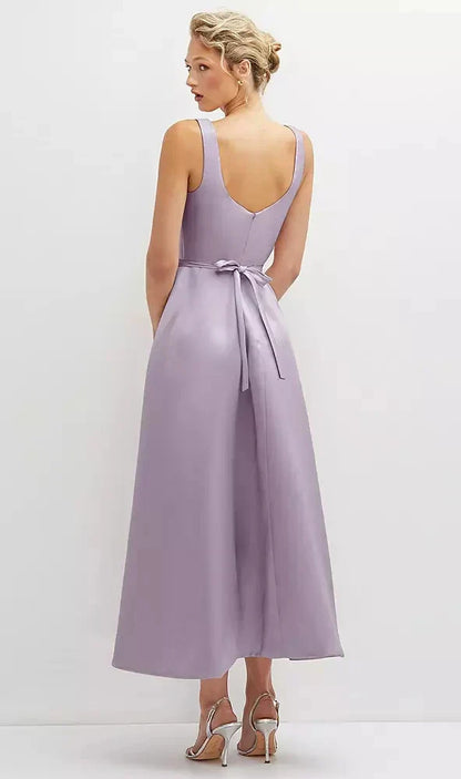 Square Neck Satin Midi Dress with Full Skirt & Flower Sash in Lilac Haze
