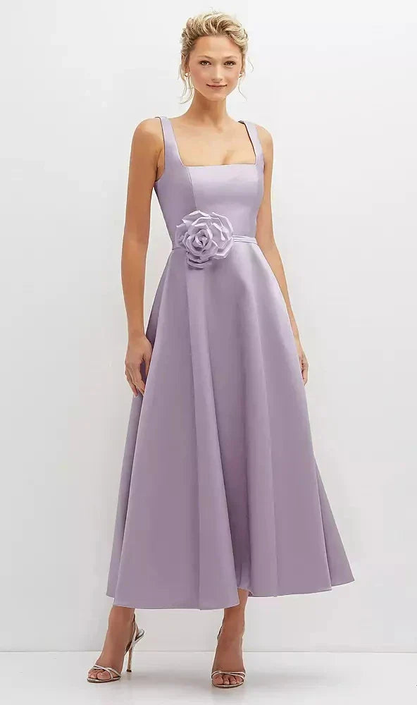Square Neck Satin Midi Dress with Full Skirt & Flower Sash in Lilac Haze
