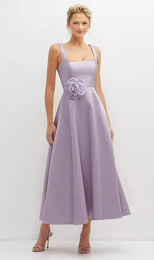 Square Neck Satin Midi Dress with Full Skirt & Flower Sash in Lilac Haze