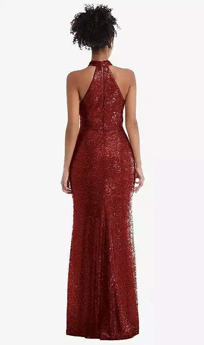Stand Collar Halter Sequin Trumpet Gown in Burgundy