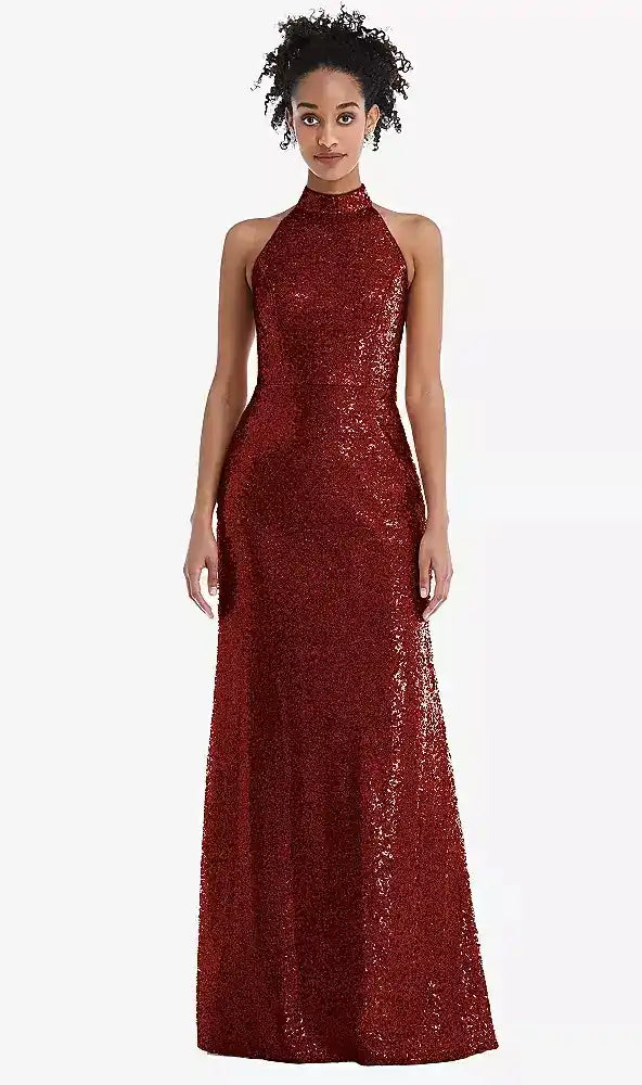 Stand Collar Halter Sequin Trumpet Gown in Burgundy