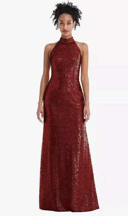 Stand Collar Halter Sequin Trumpet Gown in Burgundy