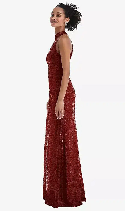 Stand Collar Halter Sequin Trumpet Gown in Burgundy