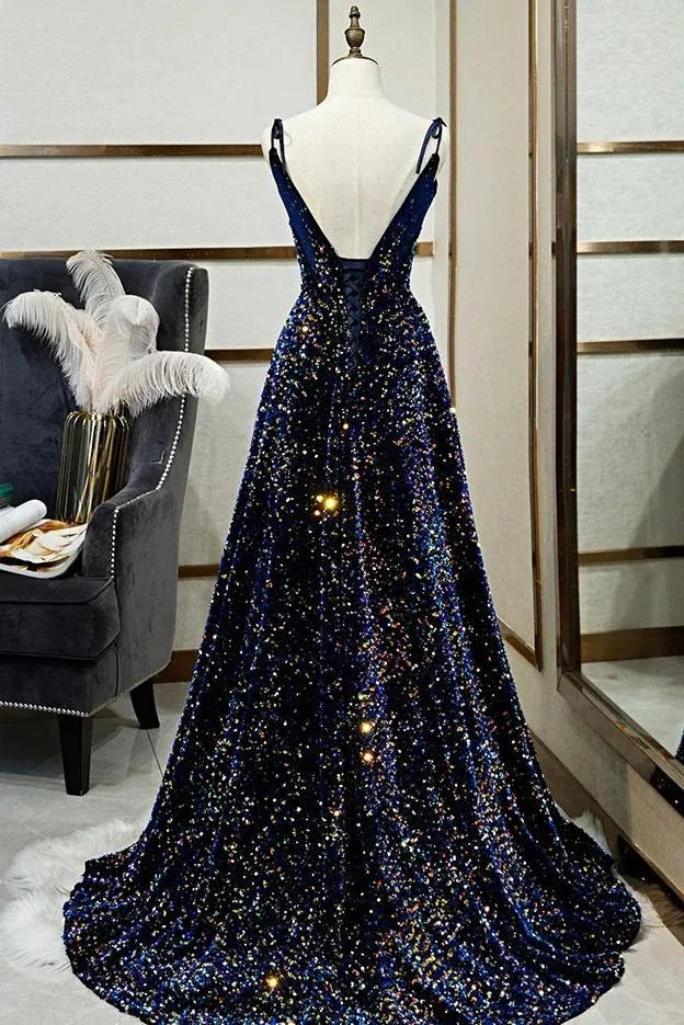 Starry Sequin Long Evening Dress Navy Blue Sweetheart Spaghetti Strap for Women
