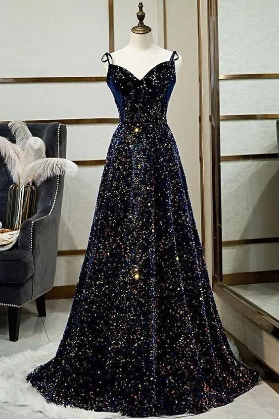 Starry Sequin Long Evening Dress Navy Blue Sweetheart Spaghetti Strap for Women