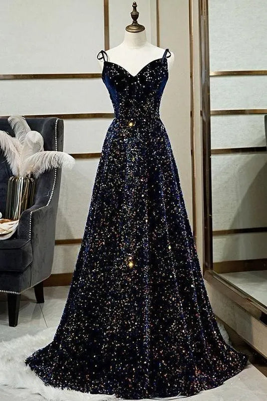 Starry Sequin Long Evening Dress Navy Blue Sweetheart Spaghetti Strap for Women