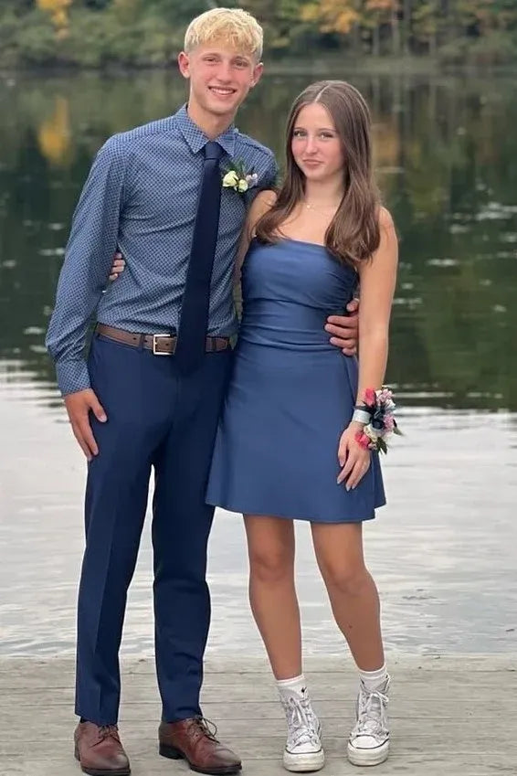 Steel Blue Strapless Simple A-Line Short Homecoming Dress