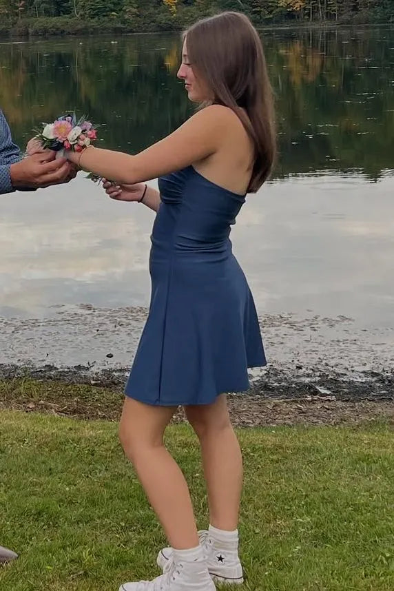 Steel Blue Strapless Simple A-Line Short Homecoming Dress