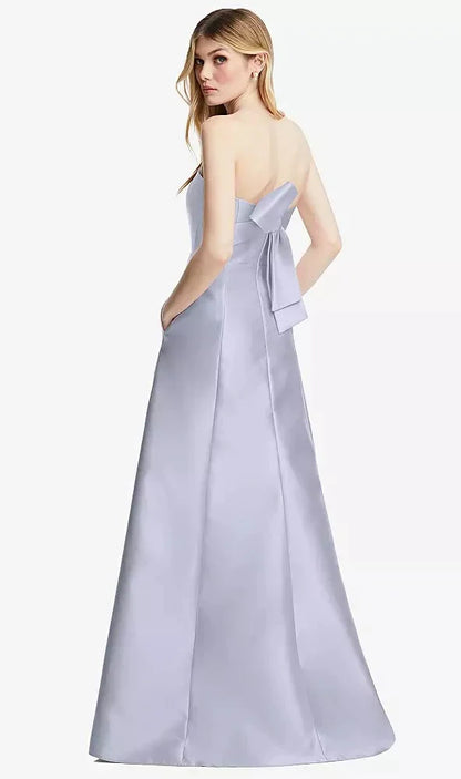 Strapless A-line Satin Gown with Modern Bow Detail in Silver Dove