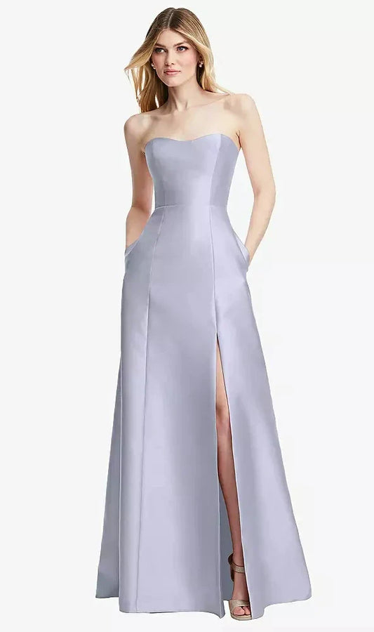 Strapless A-line Satin Gown with Modern Bow Detail in Silver Dove
