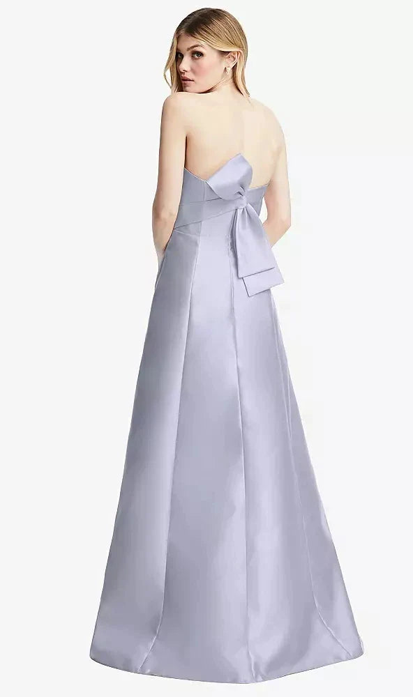 Strapless A-line Satin Gown with Modern Bow Detail in Silver Dove