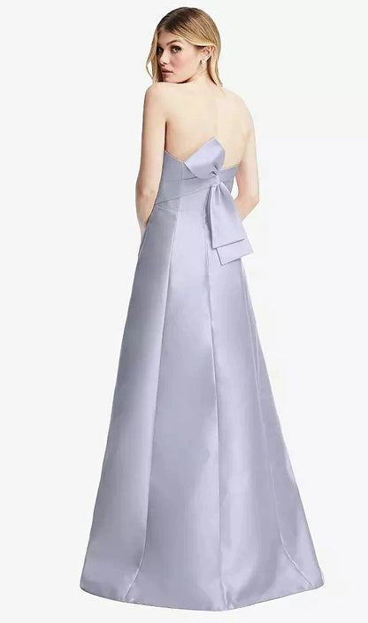 Strapless A-line Satin Gown with Modern Bow Detail in Silver Dove