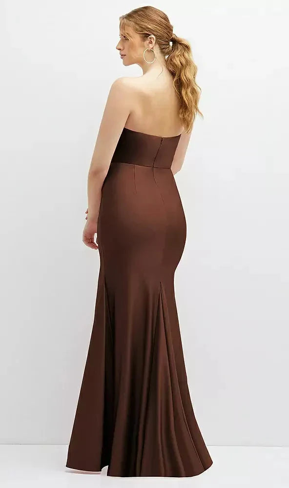 Strapless Basque-Neck Draped Stretch Satin Mermaid Dress with Horsehair Hem in Cognac