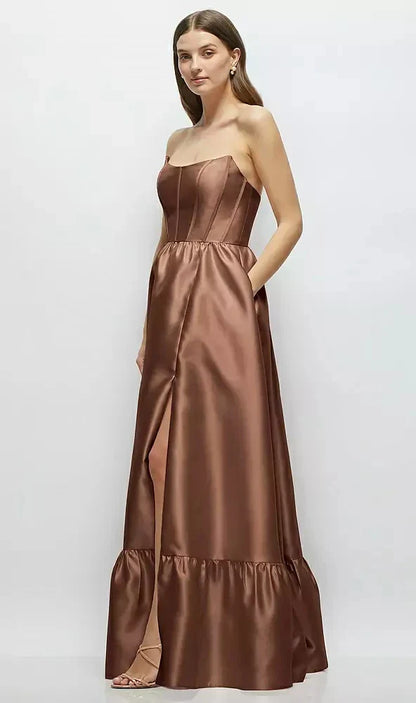 Strapless Cat-Eye Boned Bodice Maxi Dress with Ruffle Hem in Cognac