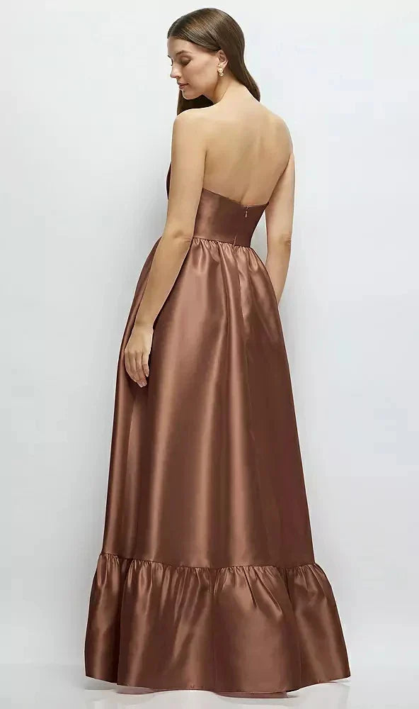 Strapless Cat-Eye Boned Bodice Maxi Dress with Ruffle Hem in Cognac