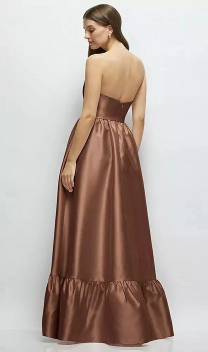 Strapless Cat-Eye Boned Bodice Maxi Dress with Ruffle Hem in Cognac