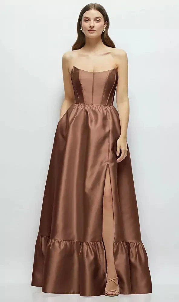 Strapless Cat-Eye Boned Bodice Maxi Dress with Ruffle Hem in Cognac