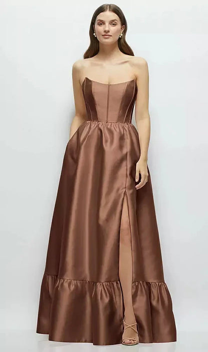 Strapless Cat-Eye Boned Bodice Maxi Dress with Ruffle Hem in Cognac