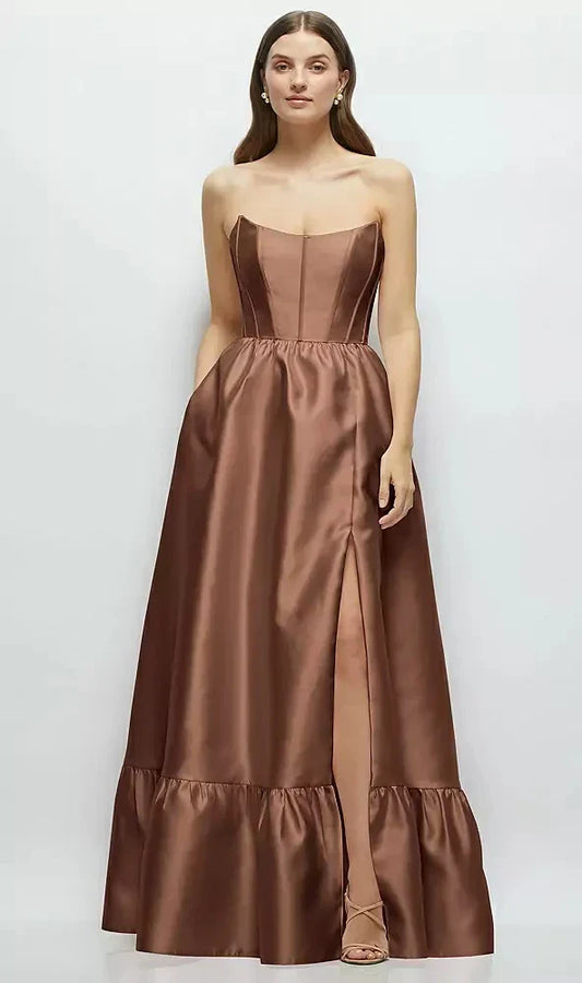 Strapless Cat-Eye Boned Bodice Maxi Dress with Ruffle Hem in Cognac