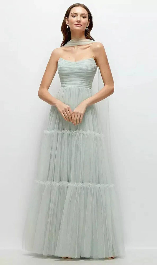 Strapless Cat-Eye Neu Tulle Tiered Maxi Dress with Convertible Sash in Willow Green