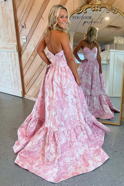 Strapless Corset Bodice Floral Prom Gown with Ruffle Hem