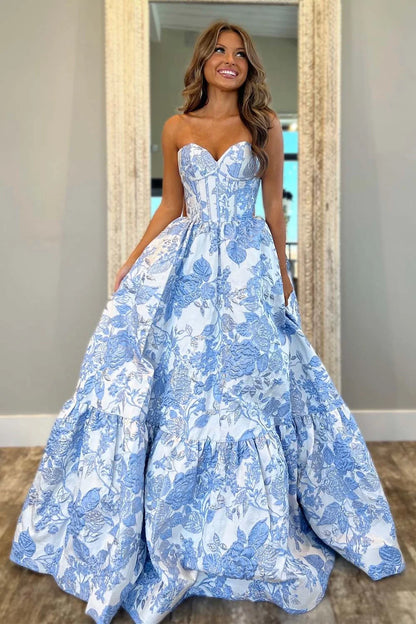 Strapless Corset Bodice Floral Prom Gown with Ruffle Hem