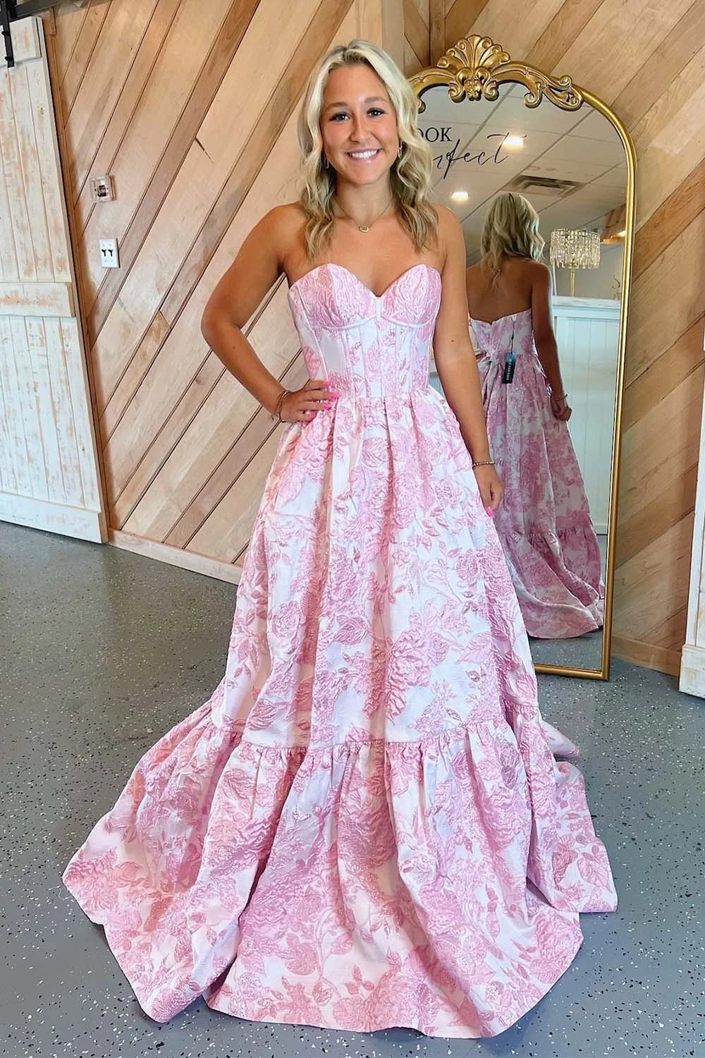 Strapless Corset Bodice Floral Prom Gown with Ruffle Hem