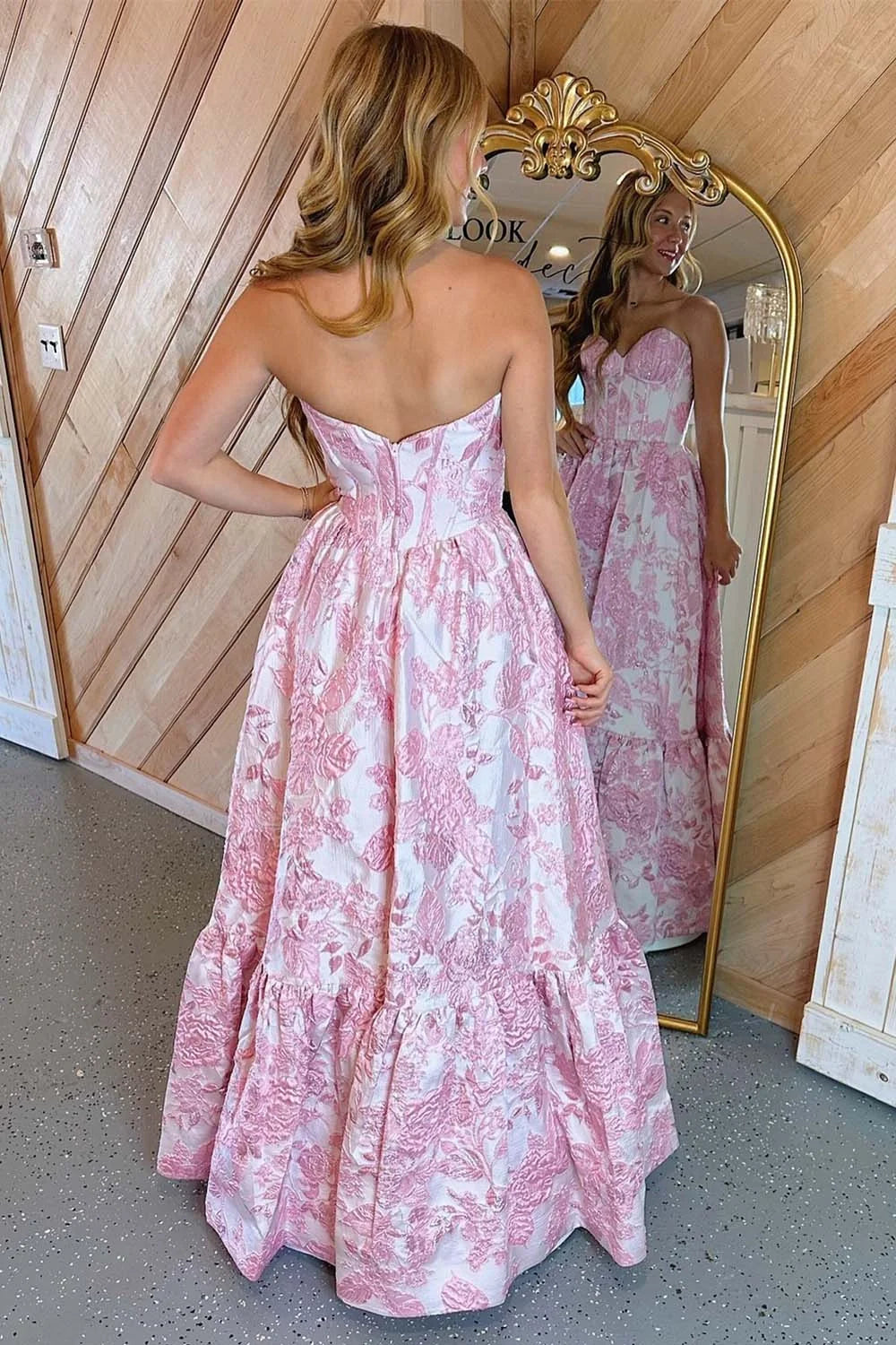 Strapless Corset Bodice Floral Prom Gown with Ruffle Hem