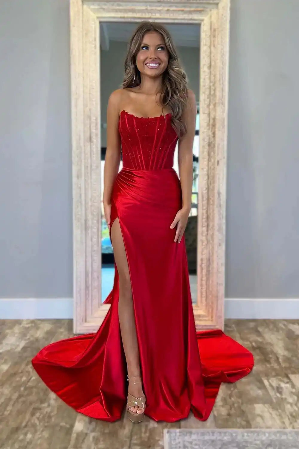 Strapless Corset Bodice Prom Dress with High Slit