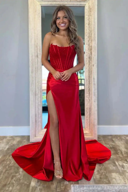 Strapless Corset Bodice Prom Dress with High Slit