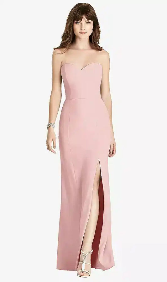 Strapless Crepe Trumpet Gown with Front Slit in Rose