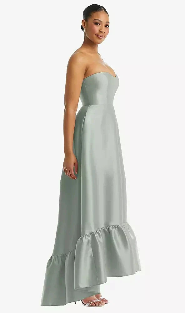 Strapless Deep Ruffle Hem Satin High Low Dress with Pockets in Willow Green