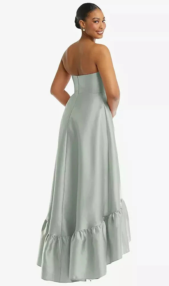 Strapless Deep Ruffle Hem Satin High Low Dress with Pockets in Willow Green