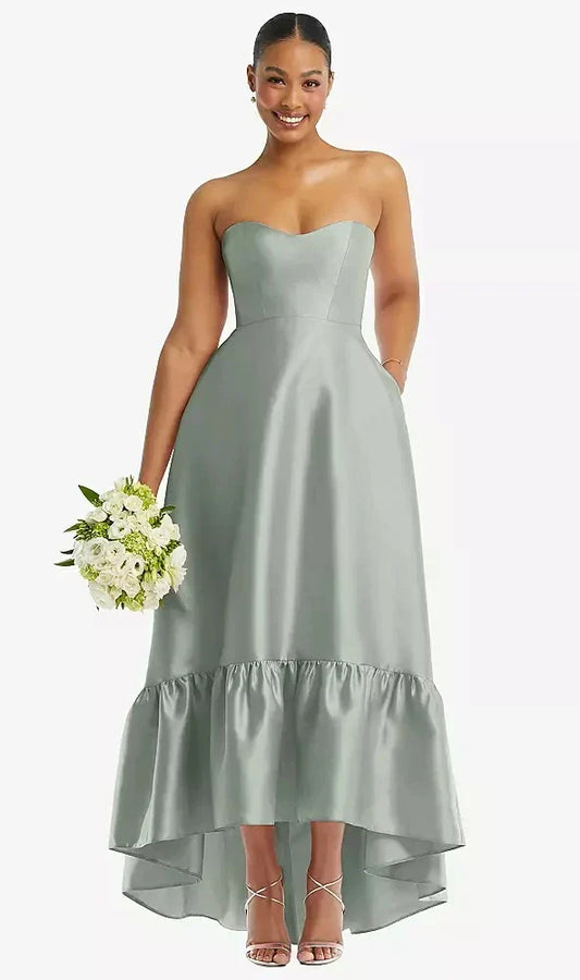 Strapless Deep Ruffle Hem Satin High Low Dress with Pockets in Willow Green