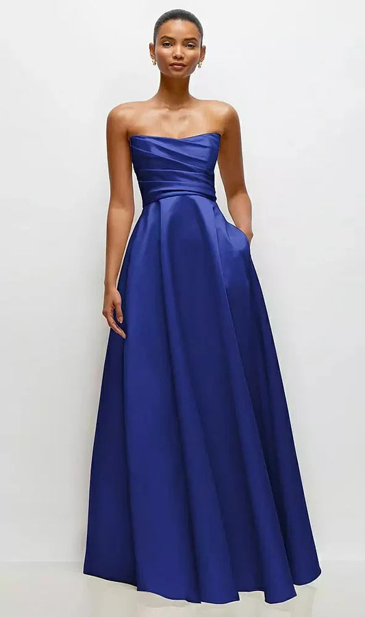 Strapless Draped Cat-Eye Satin Maxi Dress with Full Skirt in Cobalt Blue