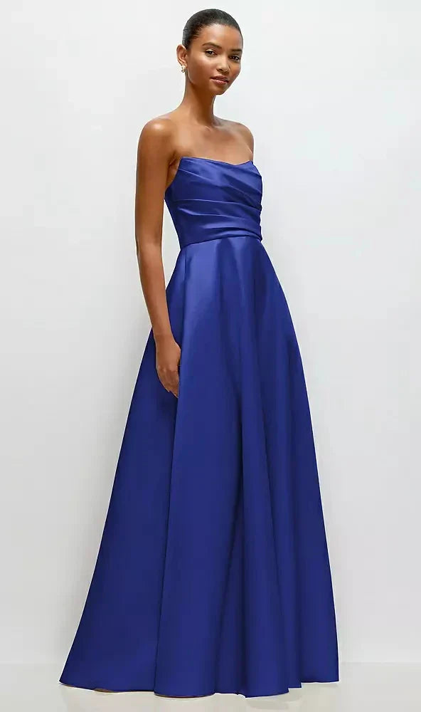 Strapless Draped Cat-Eye Satin Maxi Dress with Full Skirt in Cobalt Blue