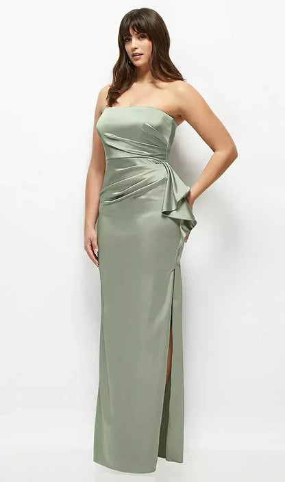 Strapless Draped Skirt Satin Maxi Dress with Cascade Ruffle in Sage