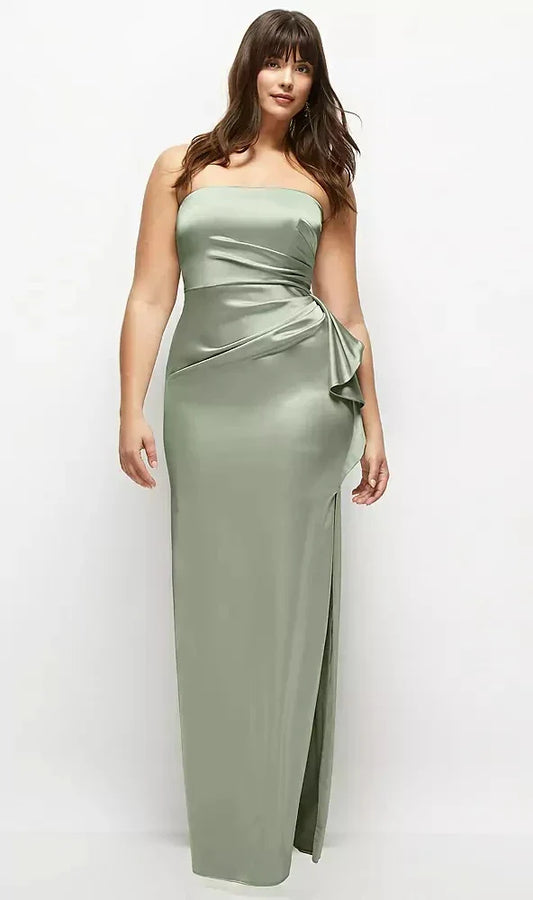 Strapless Draped Skirt Satin Maxi Dress with Cascade Ruffle in Sage