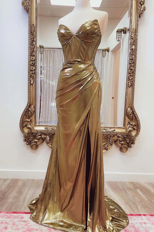 Strapless Gold Metallic Corset Prom Dress
