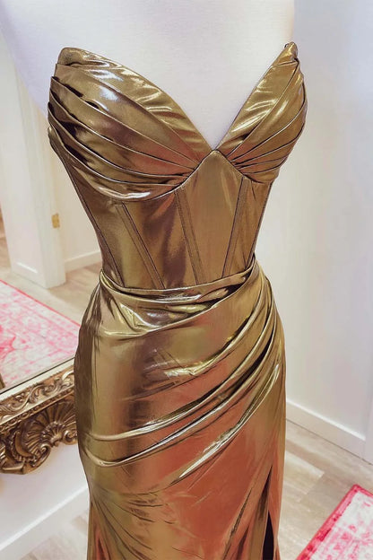 Strapless Gold Metallic Corset Prom Dress